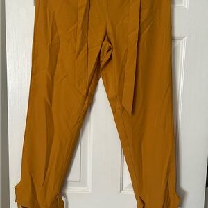 Mustard/Yellow Womens large High Waist Pencil Pants Pockets Bow-Knot Cropped 045